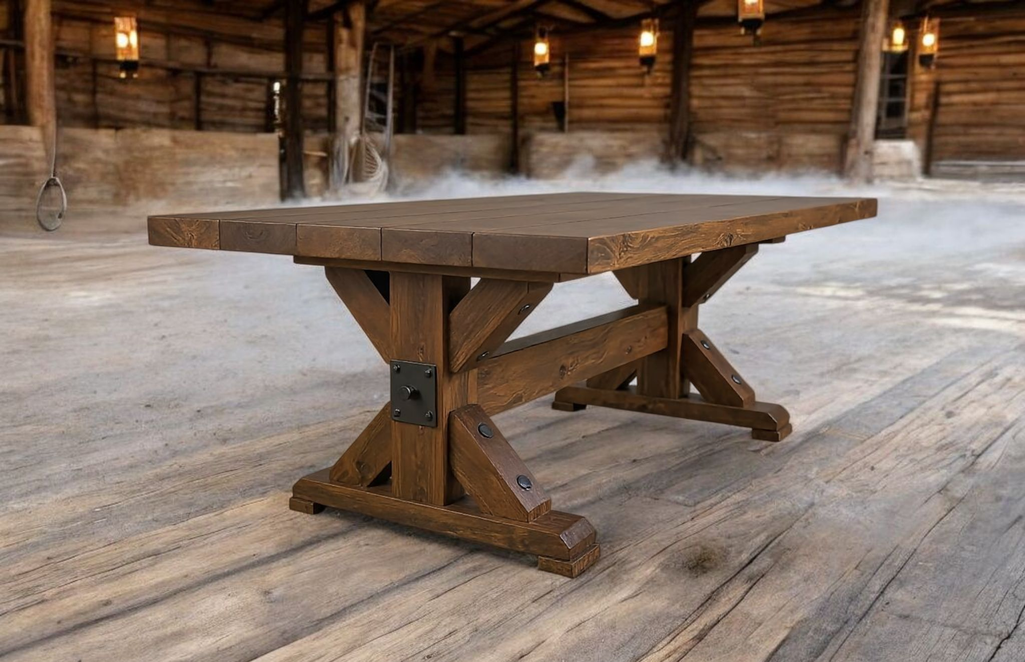 Kraftfullt och rustikt runt matbord med iläggsskiva i massivt trä med borstad träyta för att få fram en rustikare och äldre känsla på detta enormt unika matbord - från Nordanlids Rustik 