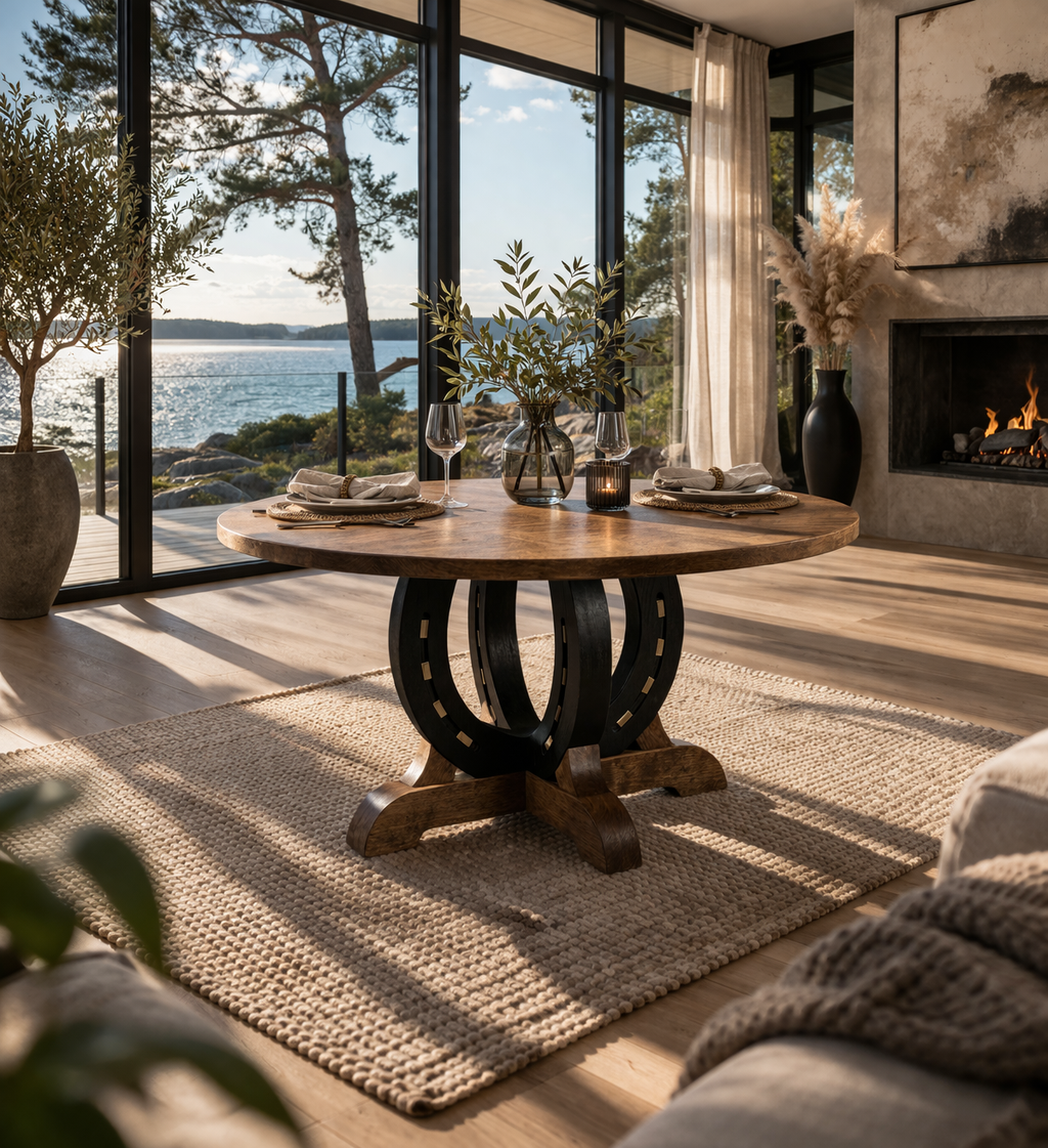 hästskobord matbord med hästskounderrede i massivt trä från Nordanlids Rustik 